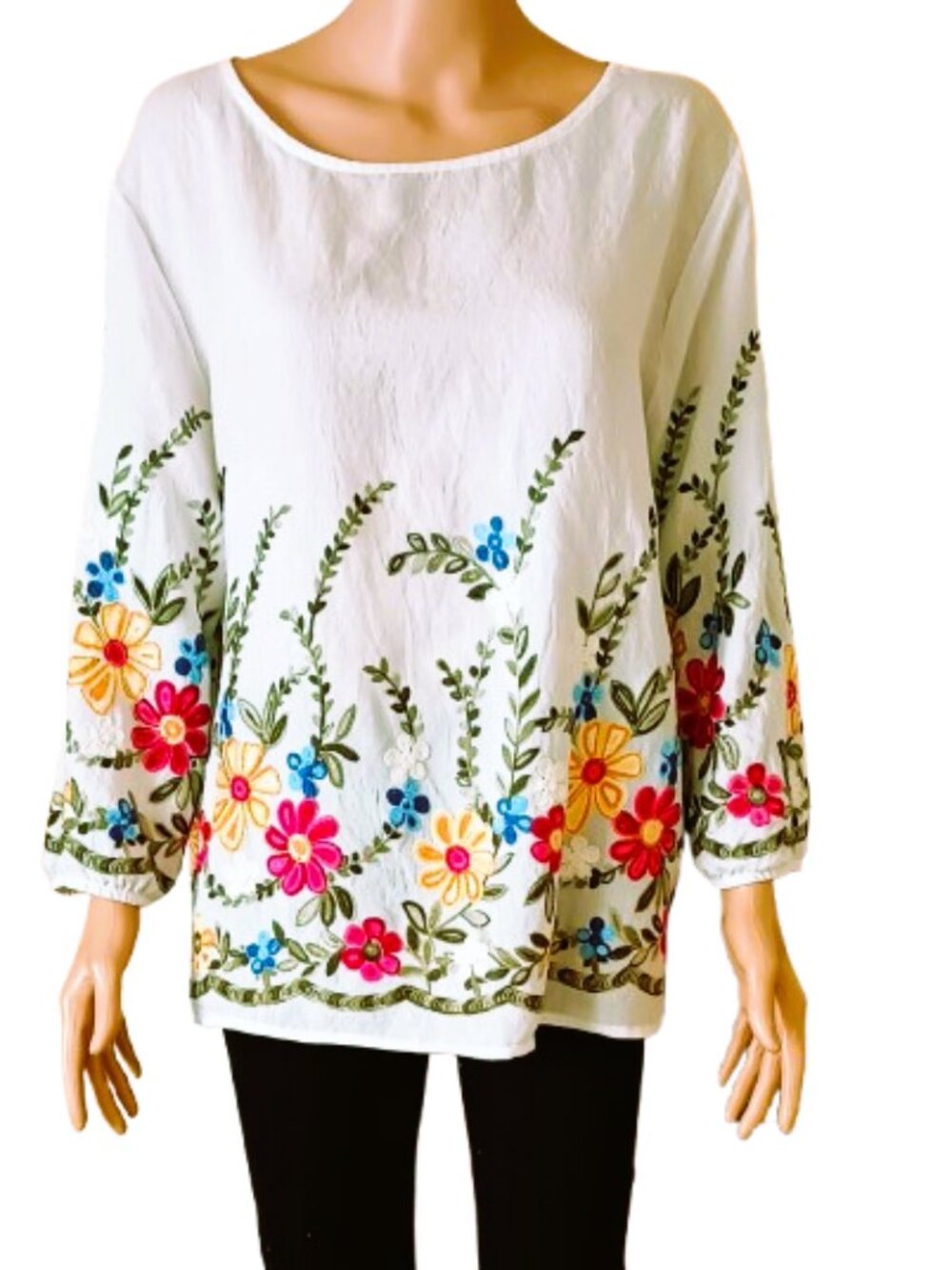 Ana & Rose Floral Embroidered Blouse XL Women's White Multi Color 3/4 Sleeve Top